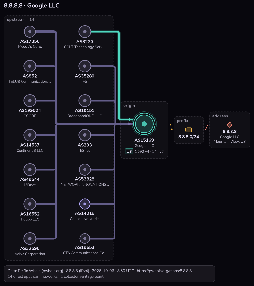 Network diagram of the origin and providers for 8.8.8.8: all fourteen direct upstream networks in two sub-columns on the left, the best path via AS8220 highlighted, then the origin AS15169 (Google LLC), the covering prefix 8.8.8.0/24 and the address.